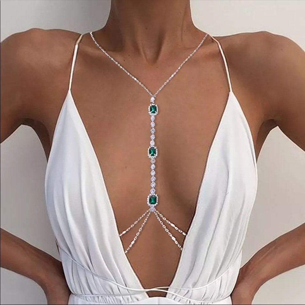 Silver Body Chain with Crystals and Emerald Green Stones
